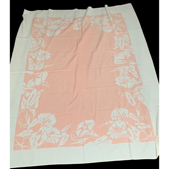 Vtg Tablecloth Screen Print Pink White Floral Tropical 2 Selvedge 52”x62” Cotton - Picture 1 of 13